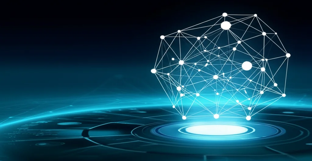 Immagine concettuale che mostra una rete neurale luminosa (IA) protetta da uno scudo trasparente (cyber resilience), collegata a nodi che rappresentano PMI interconnesse (capitale sociale) in un ambiente stilizzato che suggerisce risorse limitate. Obiettivo 50mm, profondità di campo media, illuminazione evocativa che bilancia tecnologia e connessioni umane.