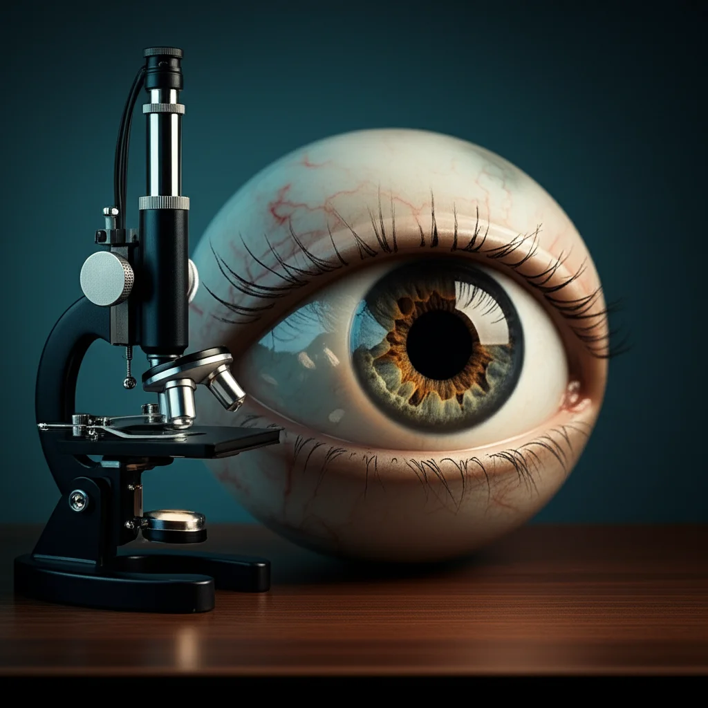 Immagine concettuale che rappresenta l'evoluzione della patologia oculare, con un occhio stilizzato che osserva campioni istologici attraverso diverse epoche, da strumenti vintage a microscopi moderni, 35mm, profondità di campo, toni seppia e blu.