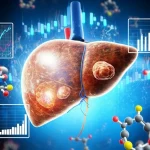 Immagine concettuale di un fegato umano con evidenziate aree di cirrosi e carcinoma epatocellulare, circondato da molecole proteiche stilizzate e grafici di dati scientifici, illuminazione da studio, obiettivo prime 35mm, profondità di campo.