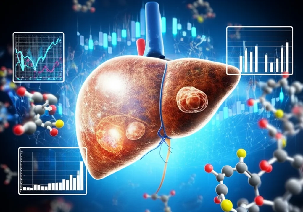Immagine concettuale di un fegato umano con evidenziate aree di cirrosi e carcinoma epatocellulare, circondato da molecole proteiche stilizzate e grafici di dati scientifici, illuminazione da studio, obiettivo prime 35mm, profondità di campo.