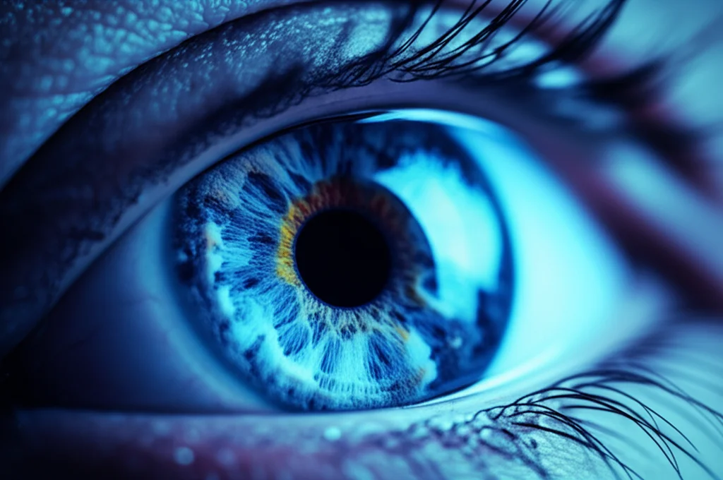 Immagine concettuale di un occhio umano stilizzato che osserva attentamente una mano che interagisce con precisione millimetrica con oggetti digitali luminosi su uno schermo scuro. Effetto 'depth of field' con obiettivo prime da 35mm, duotone ciano e magenta per un look scientifico e moderno, focus sull'interconnessione tra visione, attenzione e azione motoria fine.