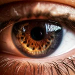 Immagine fotorealistica al macro di un occhio umano che riflette una scansione ecografica sfocata dell'arteria carotide, simboleggiando il legame tra salute vascolare e oculare. Macro lens, 80mm, high detail, controlled lighting.