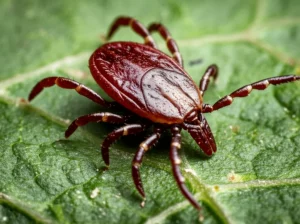 Macro shot of a hard tick on a leaf, high detail, precise focusing, 100mm macro lens.
