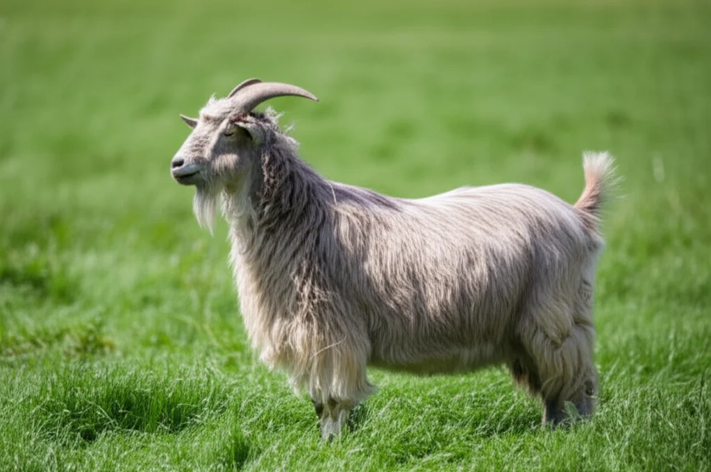 Photorealistic image of a cashmere goat with thick, soft fiber, standing in a sunny field, telephoto zoom, 135mm, depth of field.