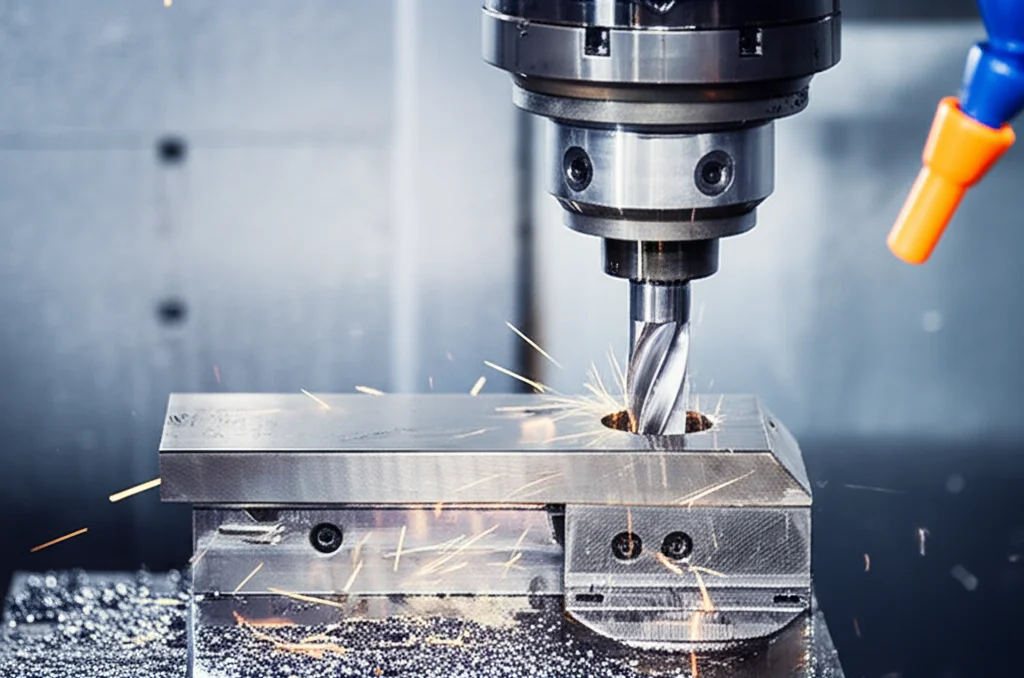 Primo piano di un'operazione di maschiatura automatica su un centro di lavoro CNC, con il maschio che entra in un pezzo metallico. Scintille e trucioli sottili sono visibili, illuminazione industriale focalizzata sull'utensile. Obiettivo prime 35mm, profondità di campo per isolare l'azione.