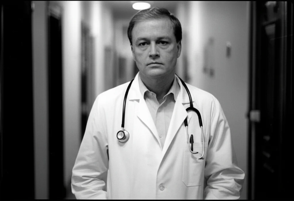 Ritratto di uno studente di medicina senior con camice bianco e stetoscopio, espressione pensierosa ma determinata, in un corridoio d'ospedale leggermente sfocato sullo sfondo. Prime lens, 50mm, depth of field, film noir style, black and white film.