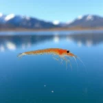 Un esemplare di Artemia tibetiana, piccolo crostaceo di colore arancione rossastro, fluttua in un'acqua salina e cristallina di un lago d'alta quota sull'altopiano del Tibet. Sullo sfondo, montagne innevate si stagliano contro un cielo azzurro intenso. Fotografia macro, obiettivo 100mm, alta definizione, messa a fuoco precisa sull'Artemia, luce naturale brillante che esalta i dettagli del crostaceo e la limpidezza dell'acqua.