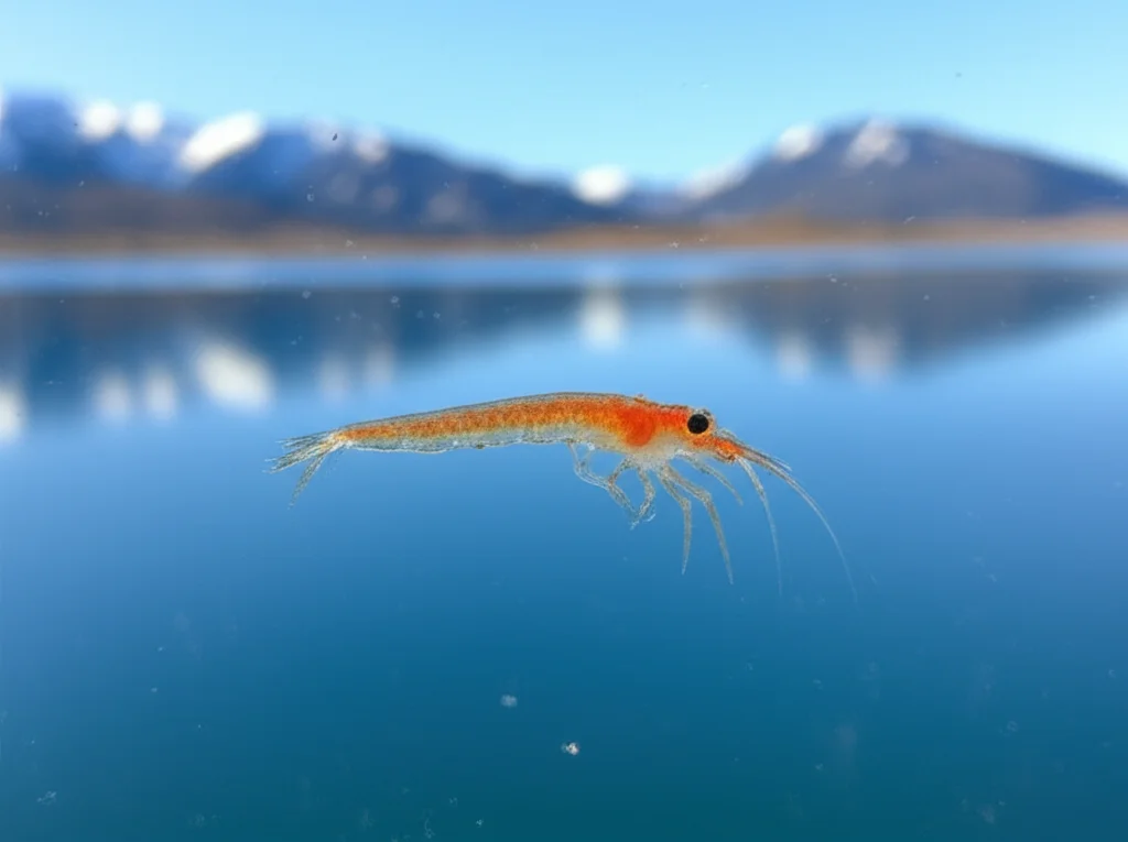 Un esemplare di Artemia tibetiana, piccolo crostaceo di colore arancione rossastro, fluttua in un'acqua salina e cristallina di un lago d'alta quota sull'altopiano del Tibet. Sullo sfondo, montagne innevate si stagliano contro un cielo azzurro intenso. Fotografia macro, obiettivo 100mm, alta definizione, messa a fuoco precisa sull'Artemia, luce naturale brillante che esalta i dettagli del crostaceo e la limpidezza dell'acqua.