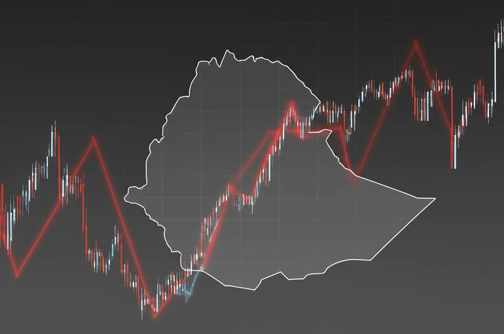 Un'immagine concettuale che rappresenta la volatilità dell'inflazione in Etiopia: grafici finanziari dinamici e astratti con picchi e valli, sovrapposti a una mappa stilizzata dell'Etiopia. Utilizzare un obiettivo prime da 35mm, con colori duotone rosso fuoco e grigio scuro per un effetto drammatico e informativo, profondità di campo per mettere a fuoco i grafici.