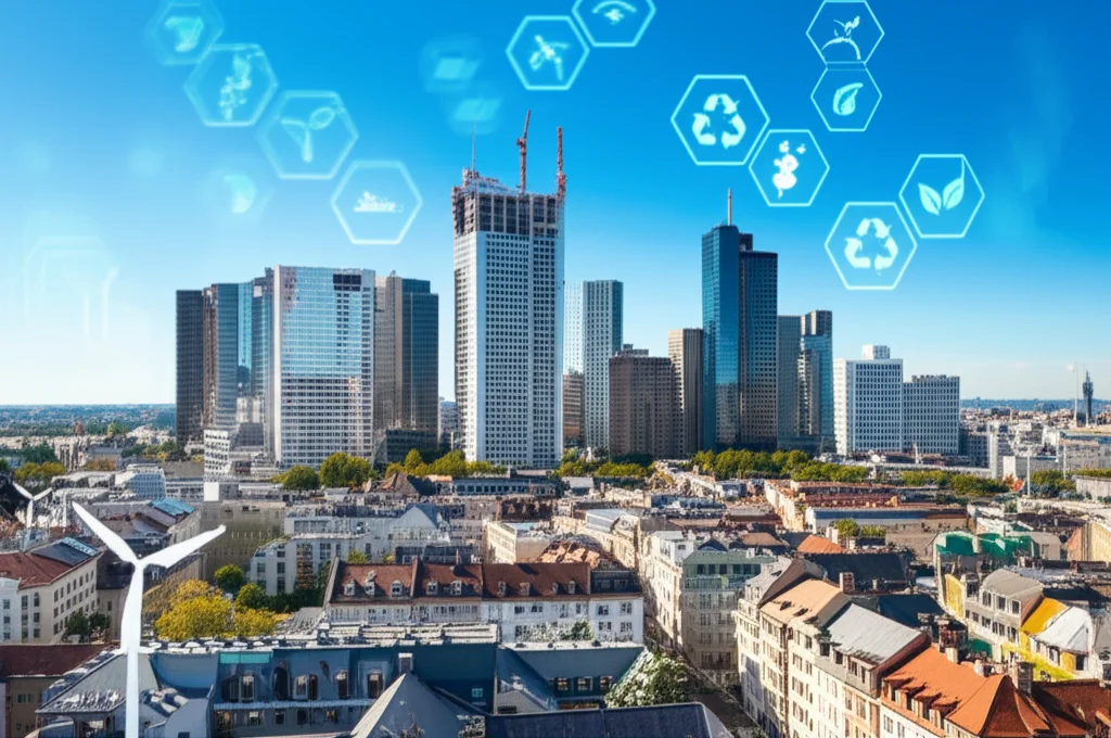 Wide-angle landscape of European capital city skyline under a clear sky, 10mm lens, sharp focus, symbolizing EU governance and environmental goals, with subtle environmental icons overlaid.