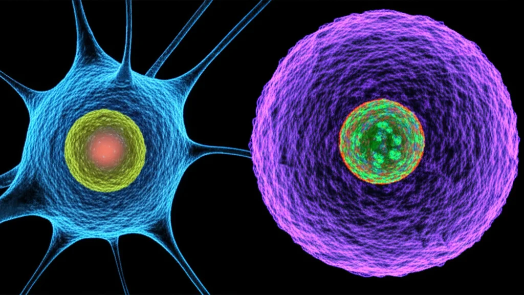 Due nuclei cellulari stilizzati fianco a fianco, uno rappresentante un neurone e l'altro una microglia, con diverse configurazioni interne di domini di cromatina evidenziate da colori fluorescenti differenti. Prime lens, 35mm, depth of field, illuminazione da microscopia a fluorescenza.