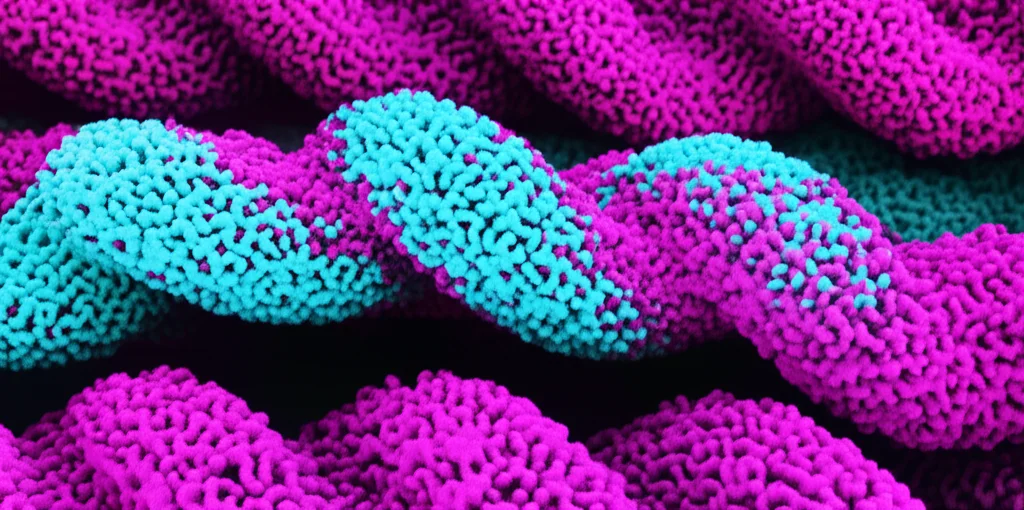 Un ingrandimento estremo di un singolo filamento di cromatina che si ripiega su se stesso a formare strutture gerarchiche, con domini più piccoli (subTADs) evidenziati in ciano all'interno di domini più grandi (TADs) evidenziati in magenta. Macro lens, 100mm, high detail, precise focusing, illuminazione drammatica per enfatizzare la struttura tridimensionale.