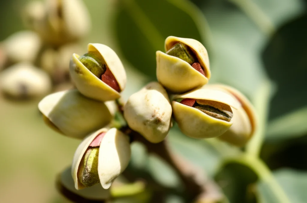 Un primo piano dettagliato di un grappolo di pistacchi maturi sull'albero, con alcuni gusci leggermente aperti a rivelare il verde brillante del seme. Obiettivo macro da 90mm, illuminazione naturale diffusa per esaltare i colori e le texture, sfondo leggermente sfocato.