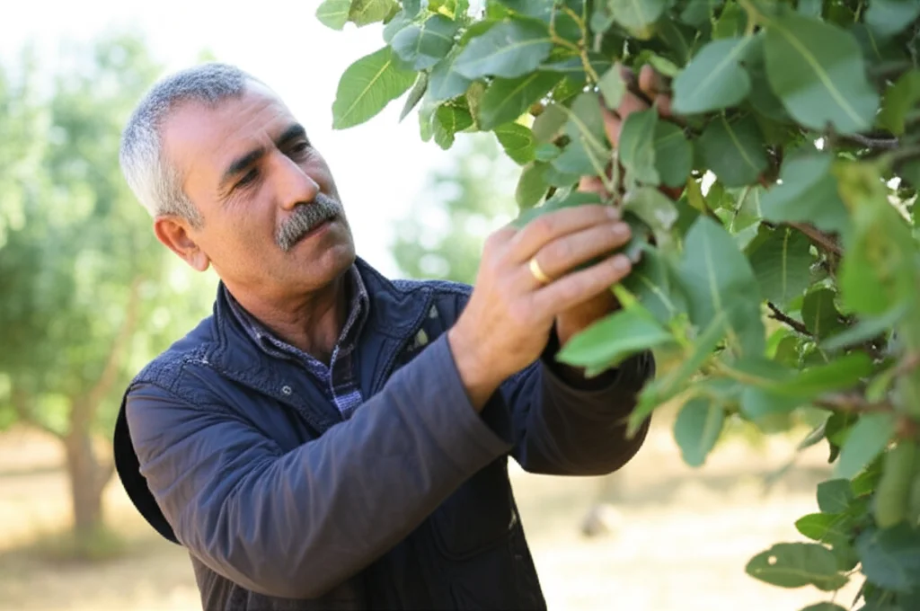 Un agricoltore esperto della provincia di Siirt, Turchia, che ispeziona con attenzione le foglie di un albero di pistacchio, forse alla ricerca di segni di parassiti o malattie. Ritratto, obiettivo da 50mm, luce naturale del mattino, profondità di campo media per mostrare l'agricoltore e l'ambiente circostante.