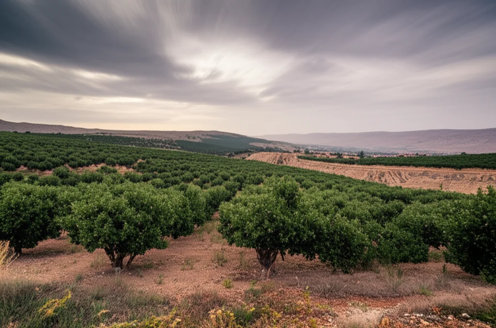 Un paesaggio ampio della provincia di Siirt, Turchia, con coltivazioni di pistacchi che si estendono sulle colline sotto un cielo parzialmente nuvoloso. Obiettivo grandangolare da 18mm, lunga esposizione per rendere le nuvole leggermente mosse, messa a fuoco nitida sull'intero paesaggio.