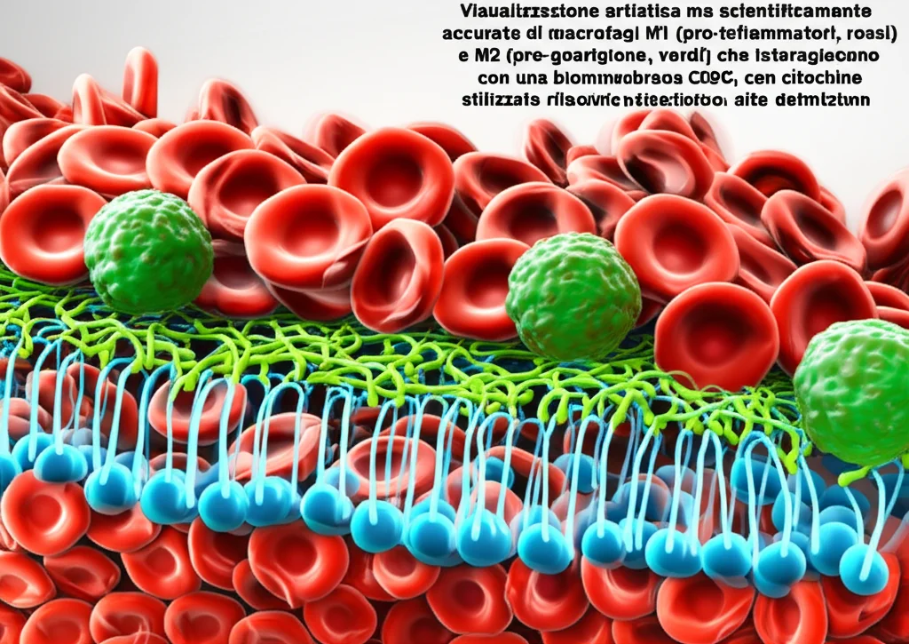 Visualizzazione artistica ma scientificamente accurata di macrofagi M1 (pro-infiammatori, rossi) e M2 (pro-guarigione, verdi) che interagiscono con una biomembrana CDCC, con citochine stilizzate rilasciate, sfondo scuro per contrasto, alta definizione.