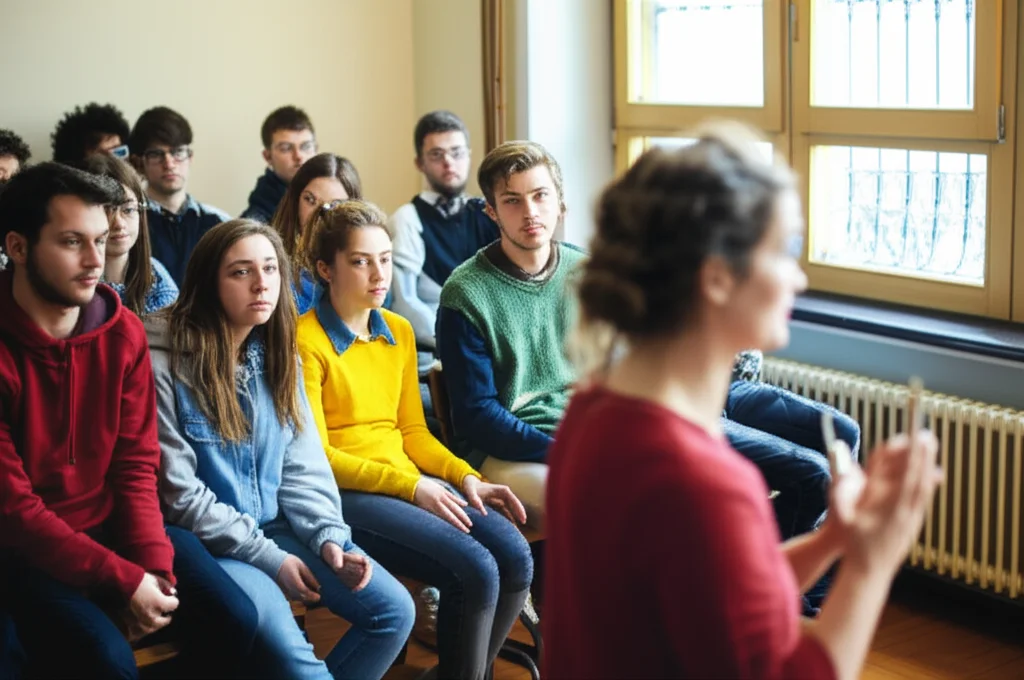 Ritratto di un gruppo eterogeneo di studenti di medicina e infermieristica che ascoltano attentamente una persona con esperienza vissuta di problemi di salute mentale, in un'aula universitaria luminosa. Obiettivo prime da 35mm, profondità di campo per mettere a fuoco il narratore e sfocare leggermente gli studenti, illuminazione naturale da una finestra laterale.