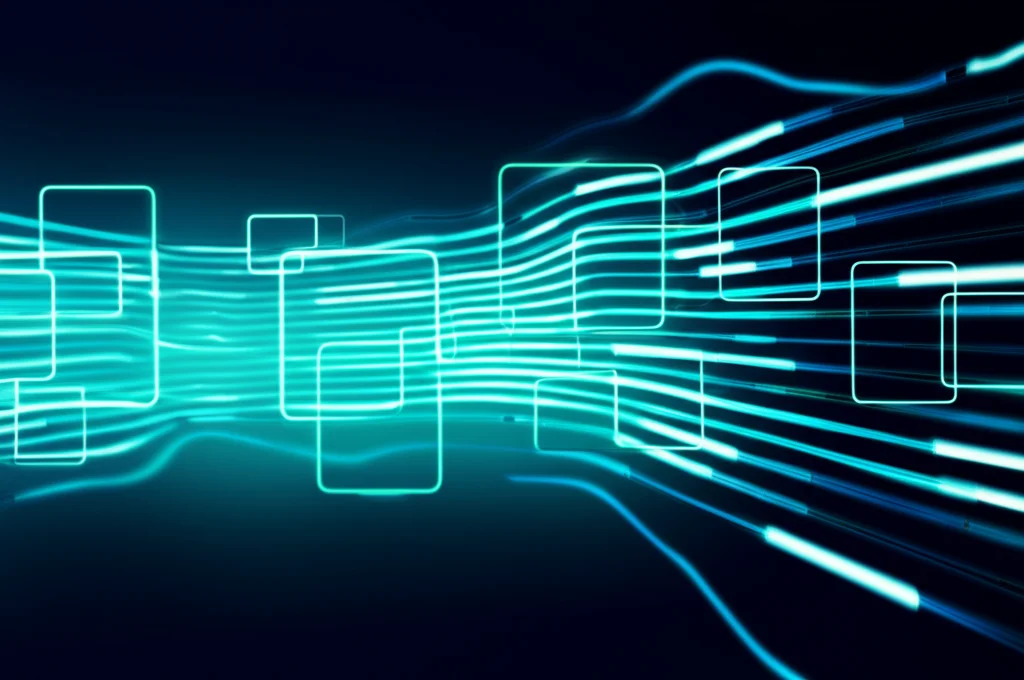 Visualizzazione astratta di un flusso di dati digitali colorati che attraversano una serie di filtri stilizzati, con alcuni filtri che si illuminano per indicare l'adattamento. Obiettivo prime 35mm, profondità di campo, duotono blu e verde acqua.