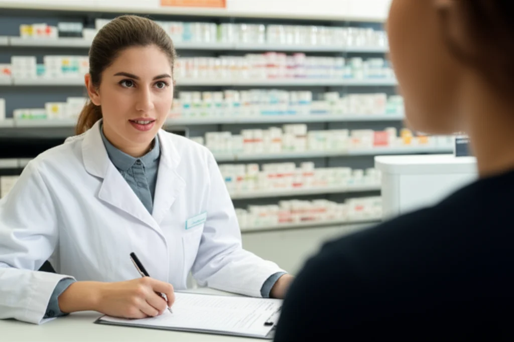 Studentessa di farmacia, con indosso un camice bianco, impegnata in una simulazione di consulenza a un paziente in un ambiente che riproduce una farmacia. Obiettivo macro da 60mm per catturare i dettagli dell'interazione e delle espressioni facciali, illuminazione controllata da studio per un look professionale.