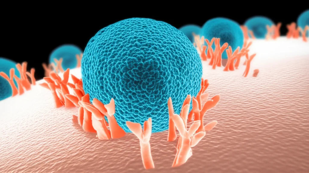 Visualizzazione concettuale di molecole di citochine IL6 e IL10 che interagiscono con recettori sulla superficie di una cellula cervicale, con un effetto visivo che suggerisce infiammazione e protezione. Obiettivo prime 35mm, profondità di campo per isolare l'interazione principale, duotone blu e arancione per distinguere le molecole.
