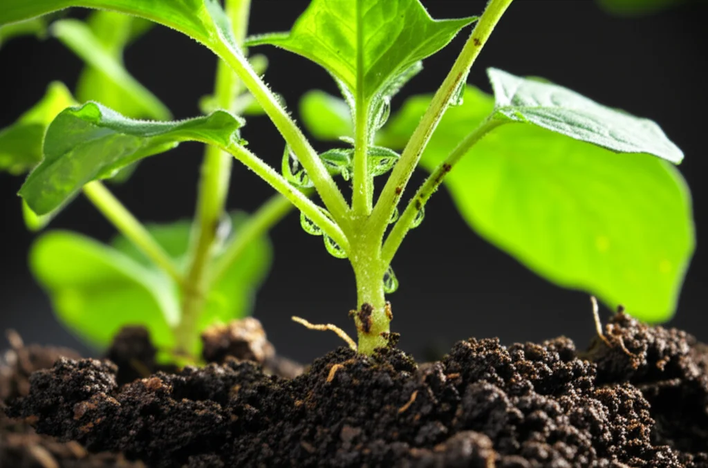 Macro fotografia di radici di Solanum nigrum in un terreno scuro e ricco, con goccioline d'acqua che riflettono la luce. L'obiettivo macro da 90mm cattura dettagli finissimi delle radichette e delle particelle di suolo, con un'illuminazione laterale controllata per creare profondità e texture. L'immagine evoca la complessità dell'interfaccia suolo-radice.