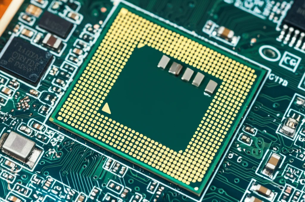 Primo piano di un microchip avionico avanzato su una scheda madre complessa, con dettagli precisi e illuminazione controllata, obiettivo macro 100mm, alta definizione dei circuiti.