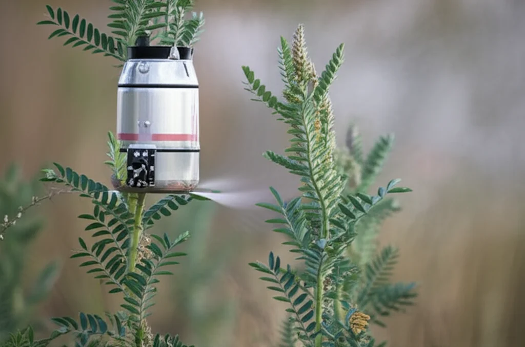 Pianta di Astragalo con i suoi steli in primo piano, accanto un macchinario stilizzato che rappresenta l'esplosione a vapore ad alta pressione, con vapore che fuoriesce. Macro lens, 80mm, high detail, precise focusing, controlled lighting.