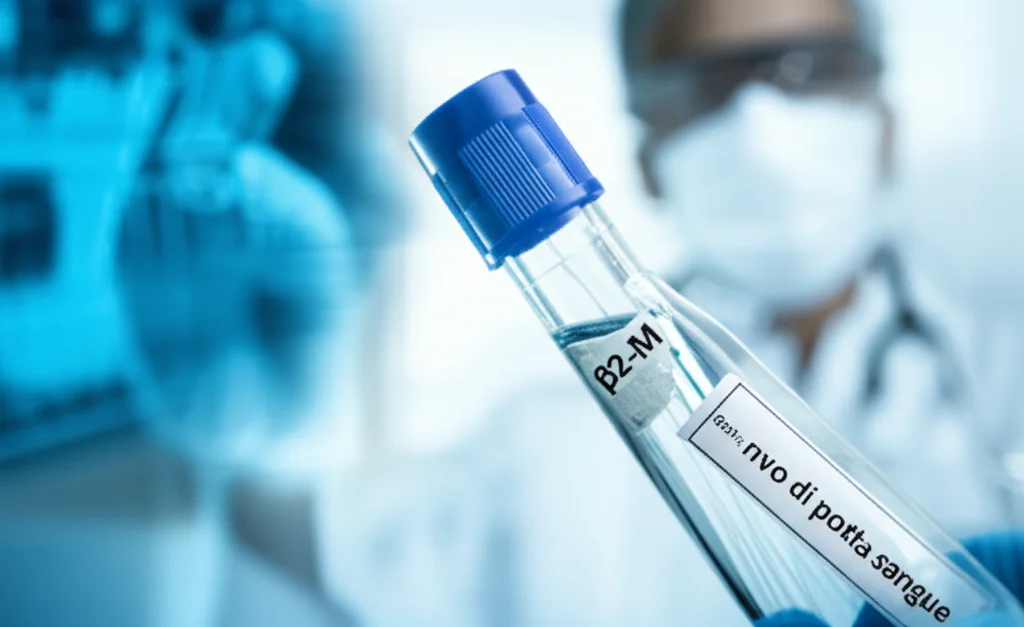 Primo piano di una provetta di sangue con etichetta 'β2-M', sfondo sfocato di un laboratorio medico high-tech. Luce controllata, lente macro 90mm, alta definizione per enfatizzare la goccia di siero.
