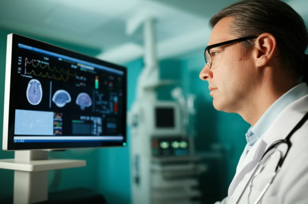 Un medico in camice bianco che osserva attentamente un monitor con grafici e dati cerebrali in una stroke unit moderna e luminosa. Telephoto zoom, 100mm, fast shutter speed per catturare l'urgenza e la concentrazione, focus preciso sul volto del medico che riflette la serietà della situazione. L'ambiente è pulito e tecnologico.