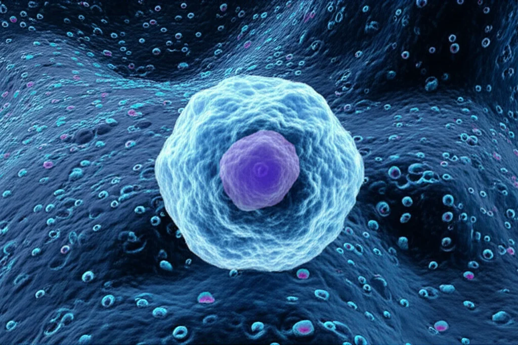 Visualizzazione artistica di cellule B linfomatose sotto attacco da parte di cellule T CD8+, con molecole di β2-microglobulina fluttuanti. Colori vibranti, stile illustrativo scientifico ma dinamico, effetto profondità di campo, lente prime 50mm.