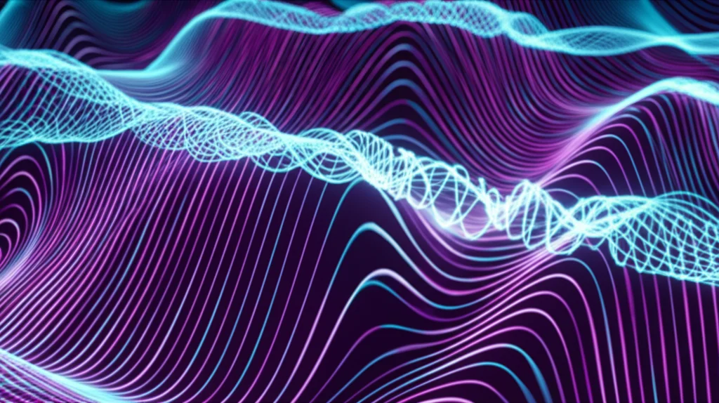 Visualizzazione astratta di una rete neurale con pattern wavelet Ricker sovrapposti, con nodi luminosi che indicano l'attivazione, su uno sfondo che suggerisce il flusso di un fluido. Macro lens, 60mm, high detail, controlled lighting, duotone ciano e magenta.