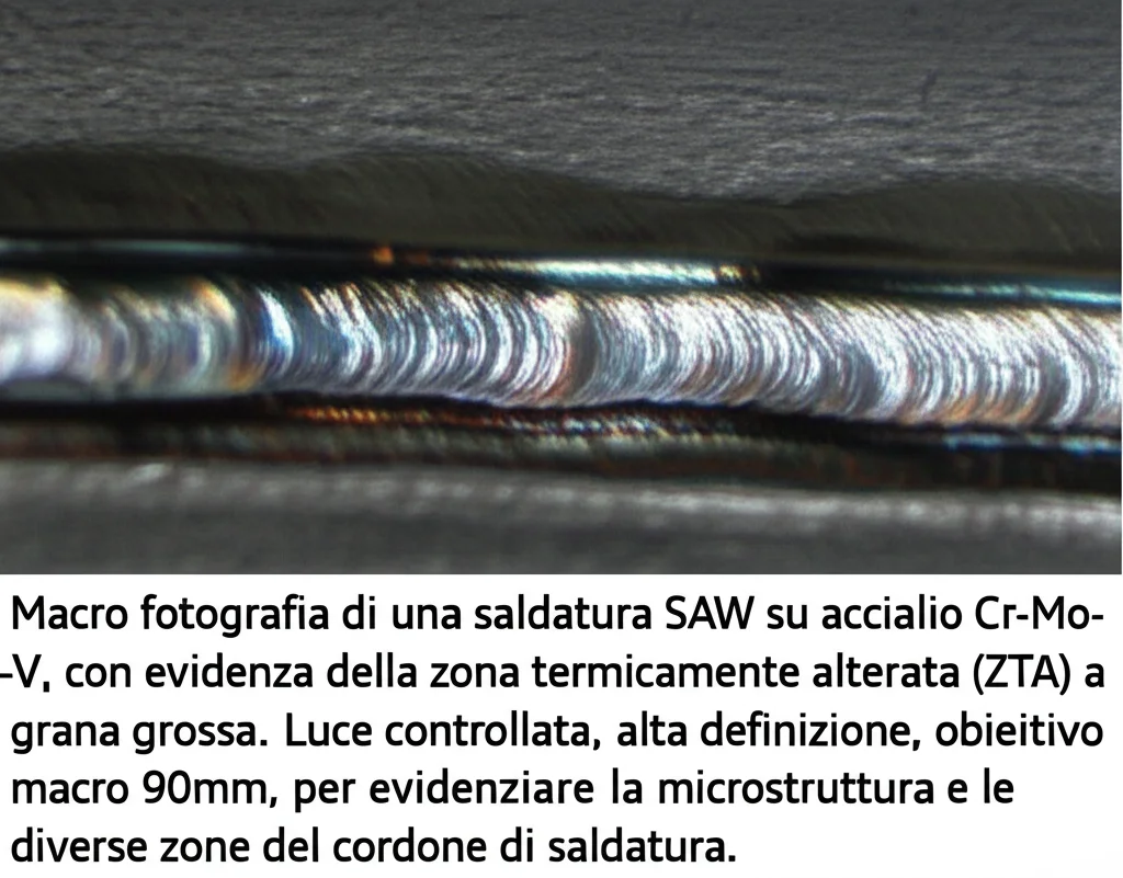 Macro fotografia di una saldatura SAW su acciaio Cr-Mo-V, con evidenza della zona termicamente alterata (ZTA) a grana grossa. Luce controllata, alta definizione, obiettivo macro 90mm, per evidenziare la microstruttura e le diverse zone del cordone di saldatura.