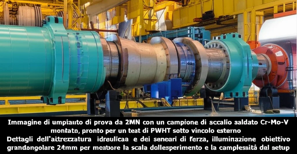 Immagine di un impianto di prova da 2MN con un campione di acciaio saldato Cr-Mo-V montato, pronto per un test di PWHT sotto vincolo esterno. Dettagli dell'attrezzatura idraulica e dei sensori di forza, illuminazione industriale, obiettivo grandangolare 24mm per mostrare la scala dell'esperimento e la complessità del setup.