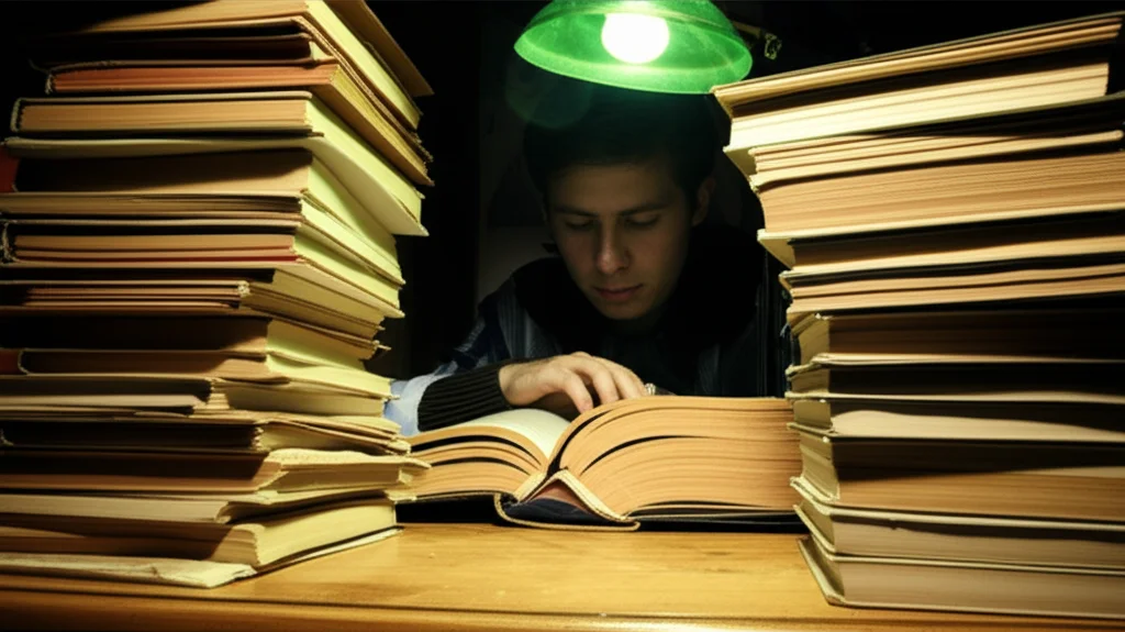 Una scrivania accademica ingombra di libri e fogli, illuminata da una luce fioca. Una figura china sui libri, con un'espressione di stanchezza e concentrazione. Macro lens, 60mm, high detail, precise focusing, luce controllata.
