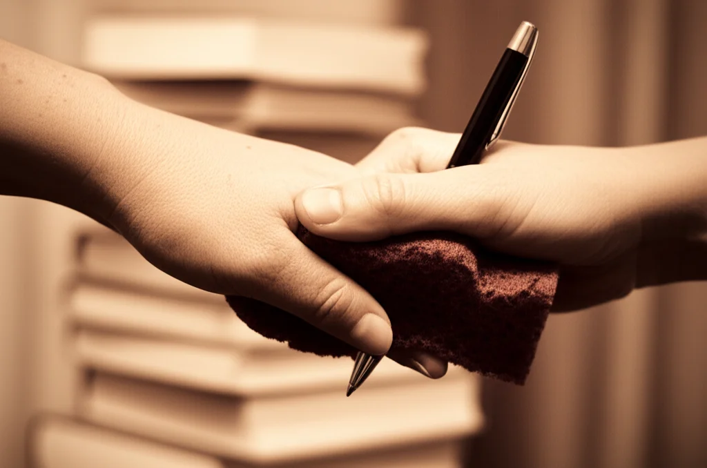 Due mani di etnie diverse che si stringono, una tiene una spugna e l'altra una penna, su uno sfondo di libri accademici. Prime lens, 35mm, depth of field, duotone caldo (arancio e marrone).