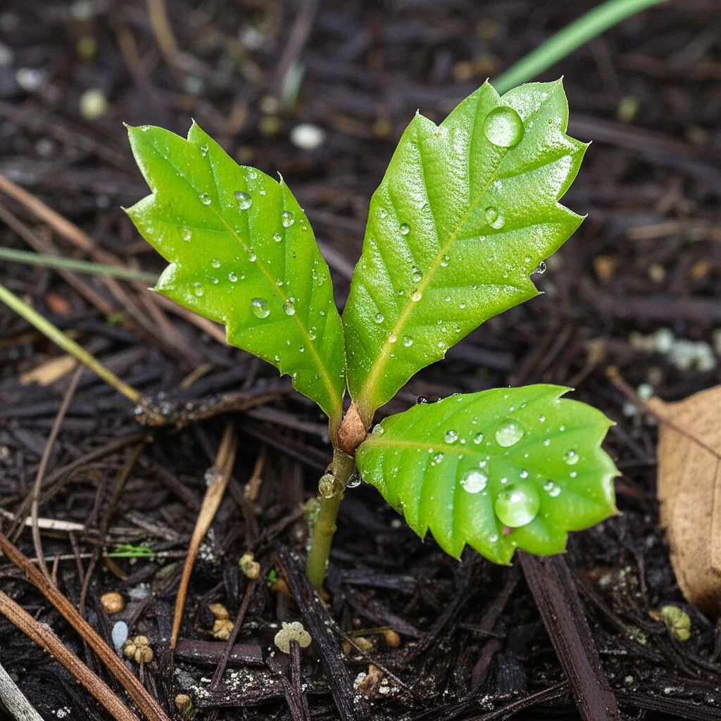 Macro fotografia, obiettivo 60mm, di giovani piantine di quercia Liaodong che spuntano da un terreno scuro e umido, con gocce di rugiada sulle foglie. Illuminazione controllata per evidenziare i dettagli e la freschezza, simboleggiando le prime fasi di recupero forestale e la disponibilità iniziale di nutrienti.