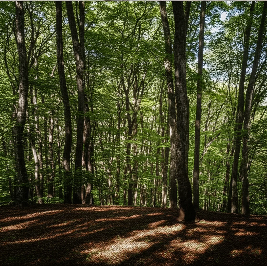 Paesaggio grandangolare, obiettivo 18mm, di una foresta matura di querce Liaodong con una fitta copertura arborea che limita la luce al suolo. Si nota una minore diversità di specie nel sottobosco. Lunga esposizione per catturare la quiete e la stabilità dell'ecosistema maturo, evidenziando la competizione per la luce.