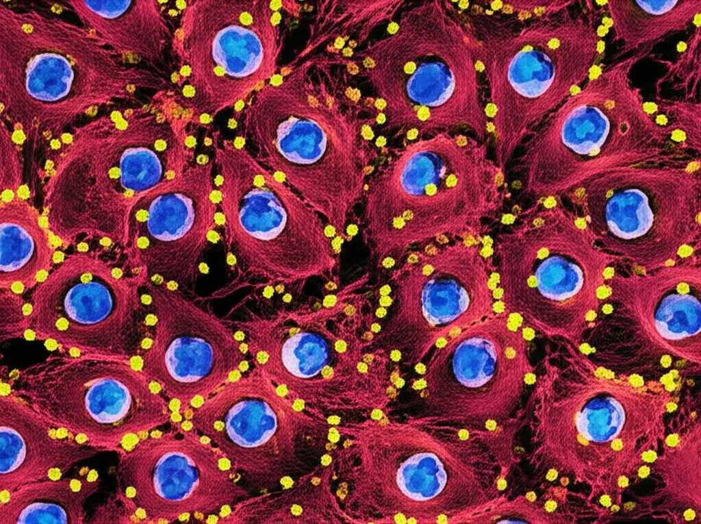 Immagine macro ad alta definizione di cellule tumorali che interagiscono in un microambiente complesso, con molecole di interleuchina-11 (visualizzate come piccole sfere luminose) che ne promuovono la proliferazione. Illuminazione controllata per evidenziare i dettagli cellulari, obiettivo macro 100mm, sfondo scuro per far risaltare le cellule.