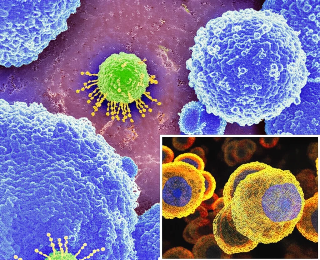 Fotografia di linfociti T CD8+ (visualizzati come cellule brillanti e attive con pseudopodi) che infiltrano attivamente una massa tumorale (rappresentata come una struttura più scura e irregolare). Molecole di 9MW3811 (piccole particelle dorate) sono visibili mentre interagiscono con i recettori, facilitando l'azione dei linfociti. Obiettivo zoom 35mm, profondità di campo per mettere a fuoco i linfociti T in primo piano, duotono blu e arancione per un contrasto vibrante tra cellule immunitarie e tumore.