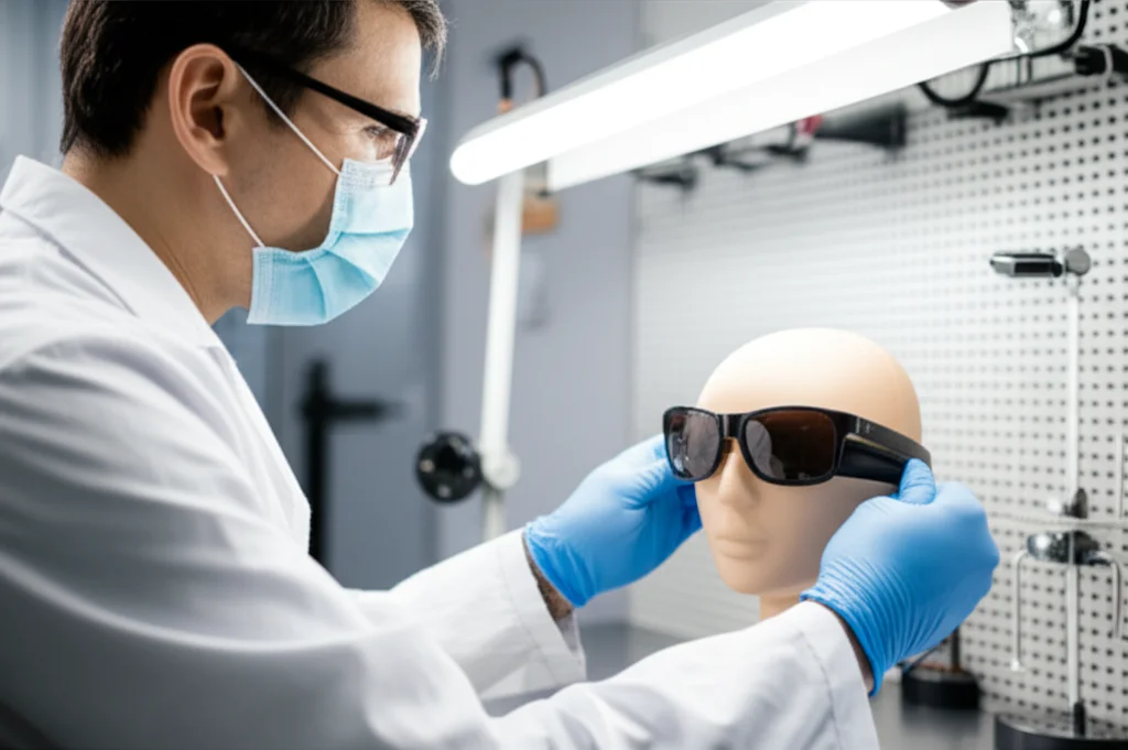 Un tecnico di laboratorio con camice bianco e guanti regola con cura un paio di occhiali da sole scuri su una testa di manichino di fronte a una lampada UVA. L'ambiente è un laboratorio scientifico con attrezzature sullo sfondo. Macro lens, 85mm, high detail, precise focusing, controlled lighting.
