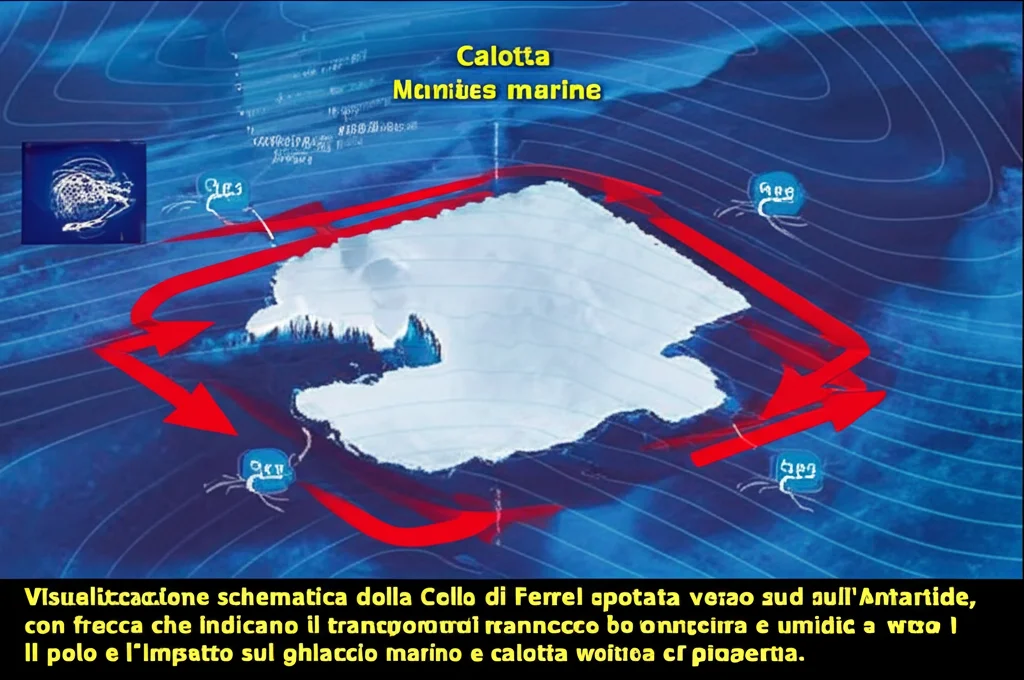 Visualizzazione schematica della Cella di Ferrel spostata verso sud sull'Antartide, con frecce che indicano il trasporto di calore e umidità verso il polo e l'impatto sul ghiaccio marino e sulla calotta. Wide-angle, 10-24mm, long exposure times per enfatizzare il movimento atmosferico, sharp focus.