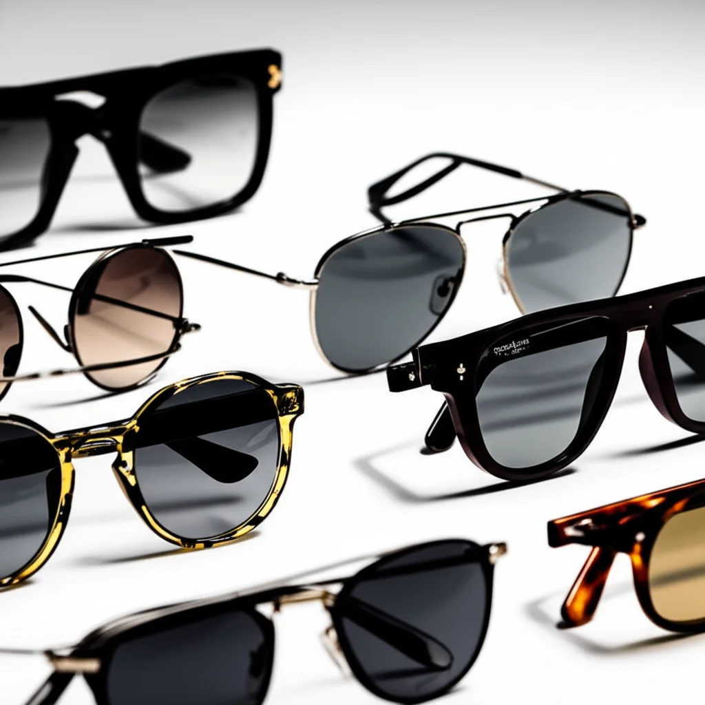 Primo piano di diversi tipi di occhiali da sole e protettivi disposti su una superficie bianca. Alcuni sono avvolgenti, altri stile aviatore, con montature scure e chiare. Macro lens, 100mm, high detail, precise focusing, controlled lighting, soft shadows.
