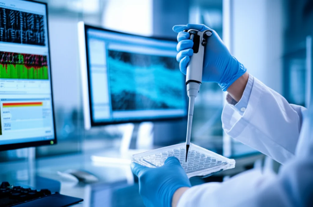 Scatto di un moderno laboratorio di ricerca oncologica high-tech. In primo piano, una mano guantata di uno scienziato che tiene una micropipetta sopra una piastra multi-pozzetto. Sullo sfondo, monitor di computer visualizzano grafici di dati molecolari e strutture proteiche tridimensionali relative all'anticorpo 9MW3811. Obiettivo prime 50mm, luce da laboratorio brillante e controllata, focus selettivo sulla micropipetta e la piastra, con sfondo leggermente sfocato per dare profondità.