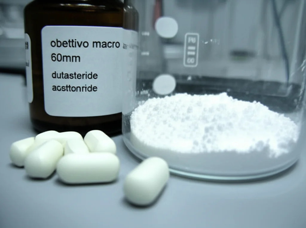 Fotografia still life, obiettivo macro 60mm, di alcune compresse bianche di dutasteride preparate in laboratorio, accanto a un piccolo becher contenente polvere bianca di dutasteride e una boccetta di acetonitrile etichettata. Il tutto su un banco di laboratorio pulito e ordinato. Illuminazione controllata e diffusa per minimizzare le ombre, alta definizione dei dettagli delle compresse e della polvere.