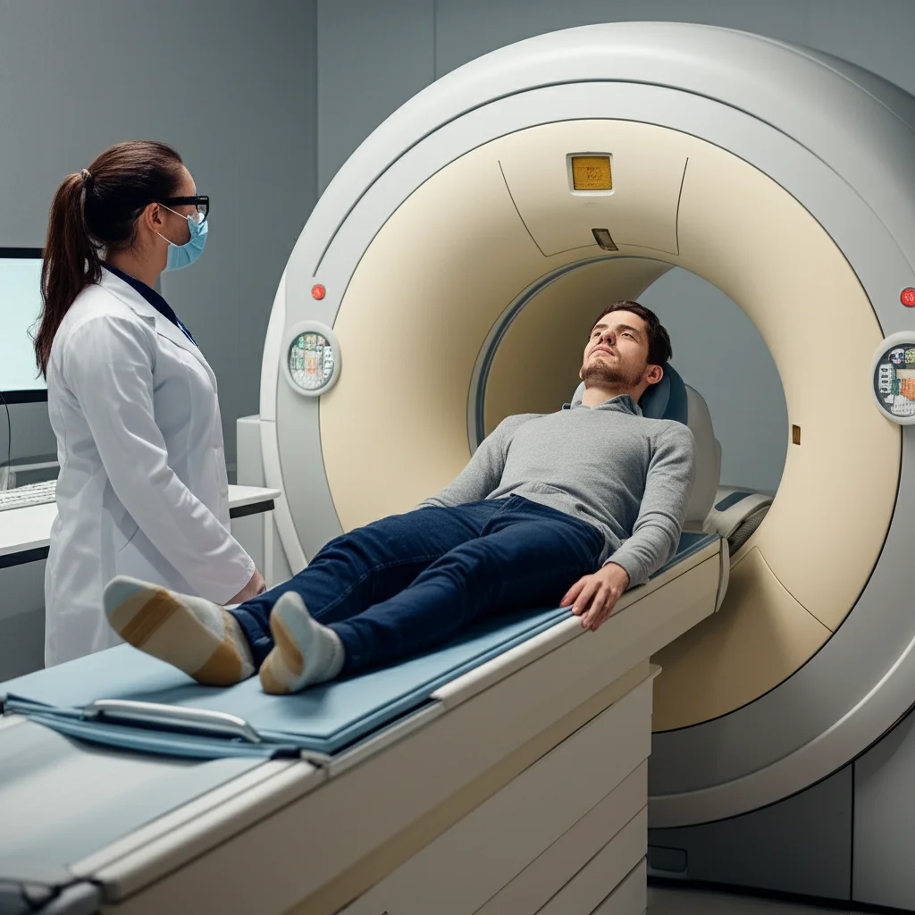 Fotografia di un paziente che si prepara per una scansione PET cerebrale, con il tecnico che posiziona la testa del paziente nello scanner, obiettivo 35mm, profondità di campo, illuminazione da studio clinico.