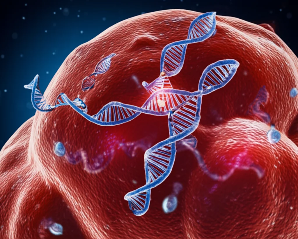 Visualizzazione artistica di RNA circolari (circRNA) di colore rosso brillante che interagiscono con microRNA (piccole catene blu) all'interno di una cellula tumorale mammaria stilizzata. Sfondo scuro con dettagli luminosi che suggeriscono l'ambiente cellulare. Obiettivo macro 90mm, alta definizione, illuminazione da studio per evidenziare le strutture molecolari e la profondità di campo.