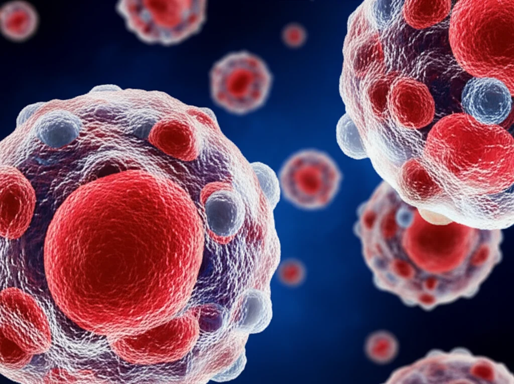 Illustrazione concettuale di cellule di cancro al seno resistenti al tamoxifene, rappresentate come sfere scure e robuste, e cellule sensibili, come sfere chiare e vulnerabili. Molecole di hsa-circVIM (strutture circolari rosse brillanti) sono mostrate mentre 'intrappolano' miR-1294 (piccole catene blu sbiadite), impedendo così l'efficacia del farmaco tamoxifene (pillole stilizzate sullo sfondo). Obiettivo prime 35mm, profondità di campo accentuata, illuminazione drammatica con contrasti forti per enfatizzare la lotta molecolare e la resistenza.