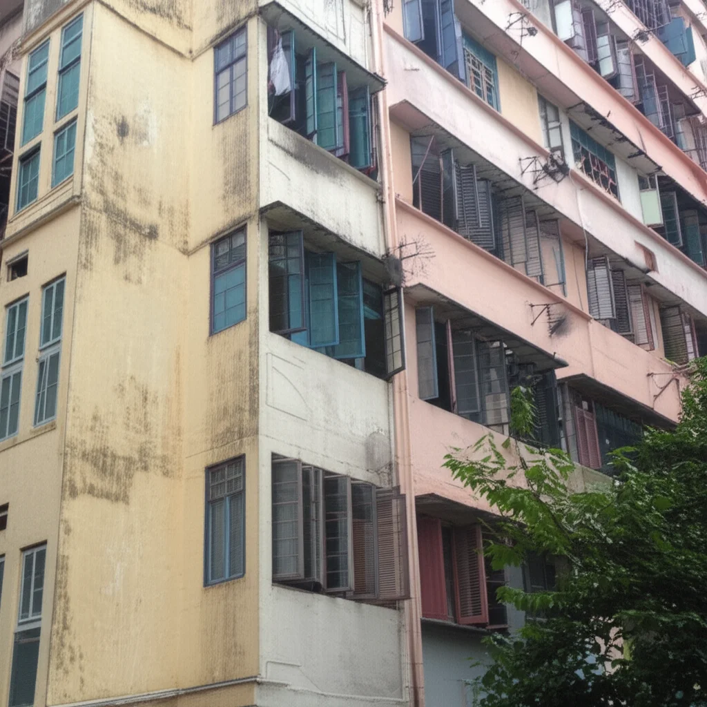 Un complesso di appartamenti popolari a Kuching, Malesia, con facciate colorate ma segni di usura. Macro lens, 60mm, luce naturale diffusa, per evidenziare i dettagli costruttivi e le condizioni di manutenzione.