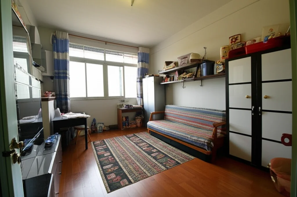 Interno di un piccolo appartamento popolare a Kuching, con mobili multifunzionali che cercano di ottimizzare lo spazio limitato. Prime lens, 35mm, luce ambientale mista, per trasmettere la sensazione di intimità e le sfide dello spazio.