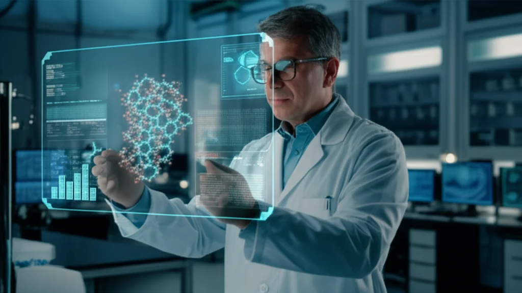 Visualizzazione fotorealistica di un laboratorio high-tech con uno scienziato che osserva uno schermo olografico fluttuante. Lo schermo mostra una complessa struttura molecolare 3D che viene analizzata da un'interfaccia di intelligenza artificiale luminosa. Dettagli precisi sulla molecola e sull'interfaccia. Illuminazione da studio controllata, obiettivo prime 50mm, profondità di campo.
